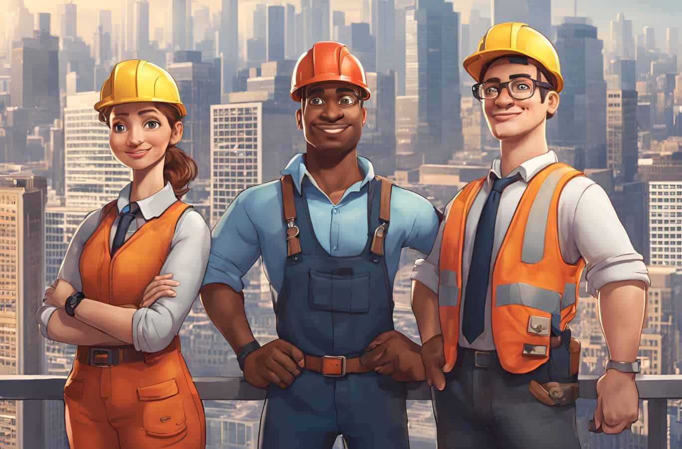 Three construction workers overlooking a job site in a big city