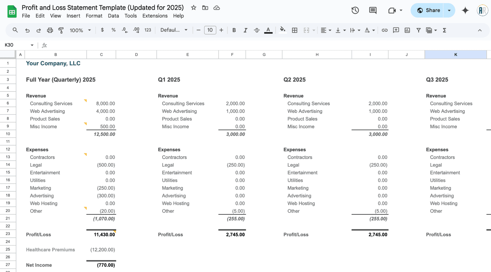 Profit and Loss Statement Template Screenshot